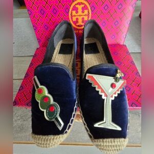 Tory Burch Martini And Olives Navy Velvet Espadrilles